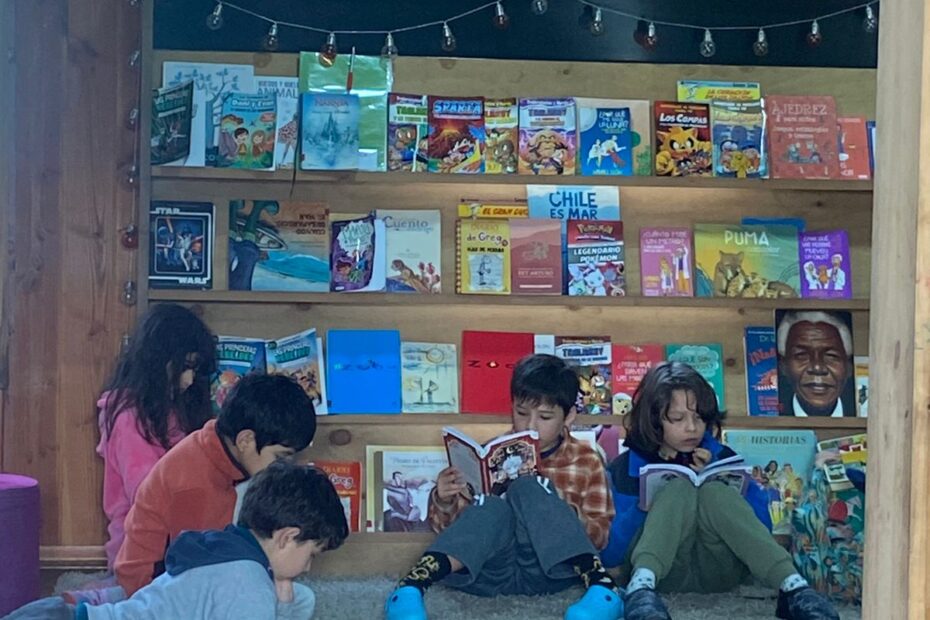 Niñas y niños leyendo frente a la biblioteca del colegio